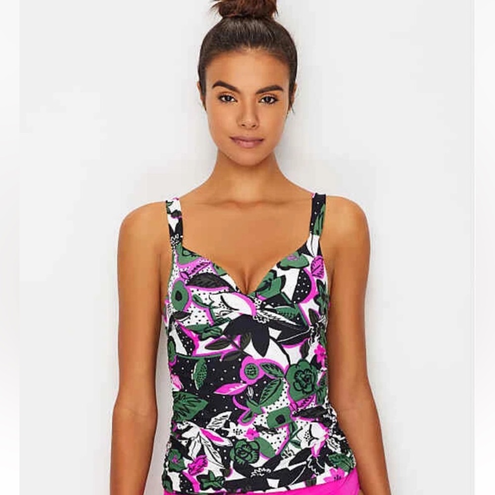 Anne Cole White Floral Print Tankini Swim Bathing Suit Top 34B